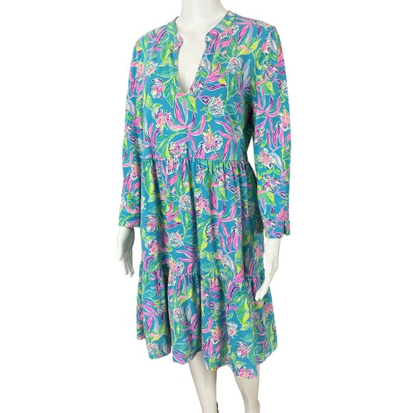 Lilly Pulitzer Alaina Dress sz L Tiered Babydoll Swing Formentera Turquise BOHO - Picture 5 of 13